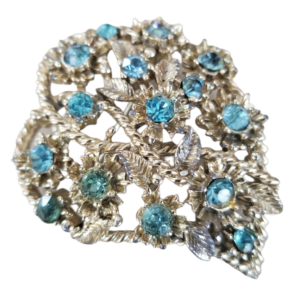 Vintage Coro Aqua Rhinestone Heart Shaped Vines Gold Tone Brooch Pin